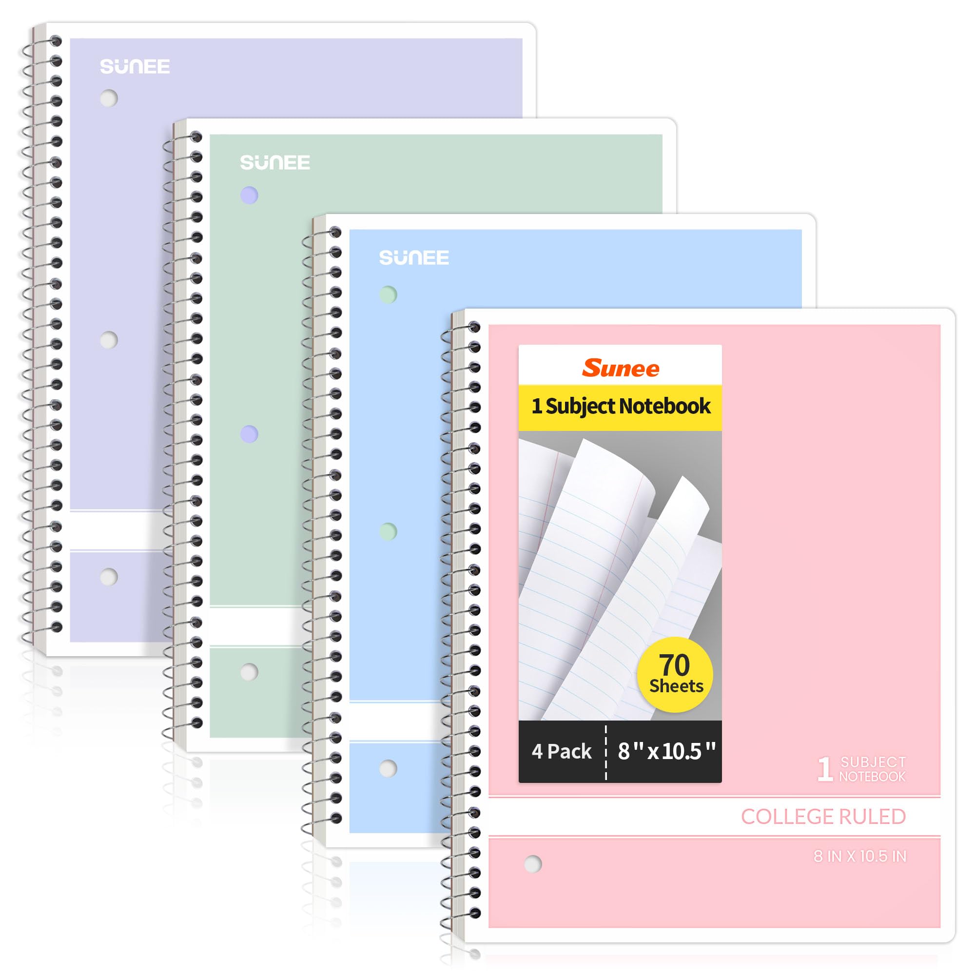 SUNEE Spiral Notebooks College Ruled 1-Subject 4 Pack 8 x 10-1 2 in 70 Sheets 3-Hole Punched 70gsm