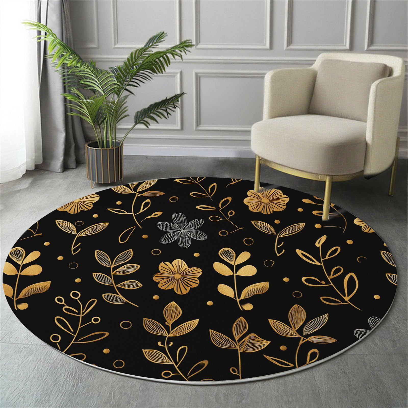 Tapis de chambre adulte doux lavable au motif floral doré chic