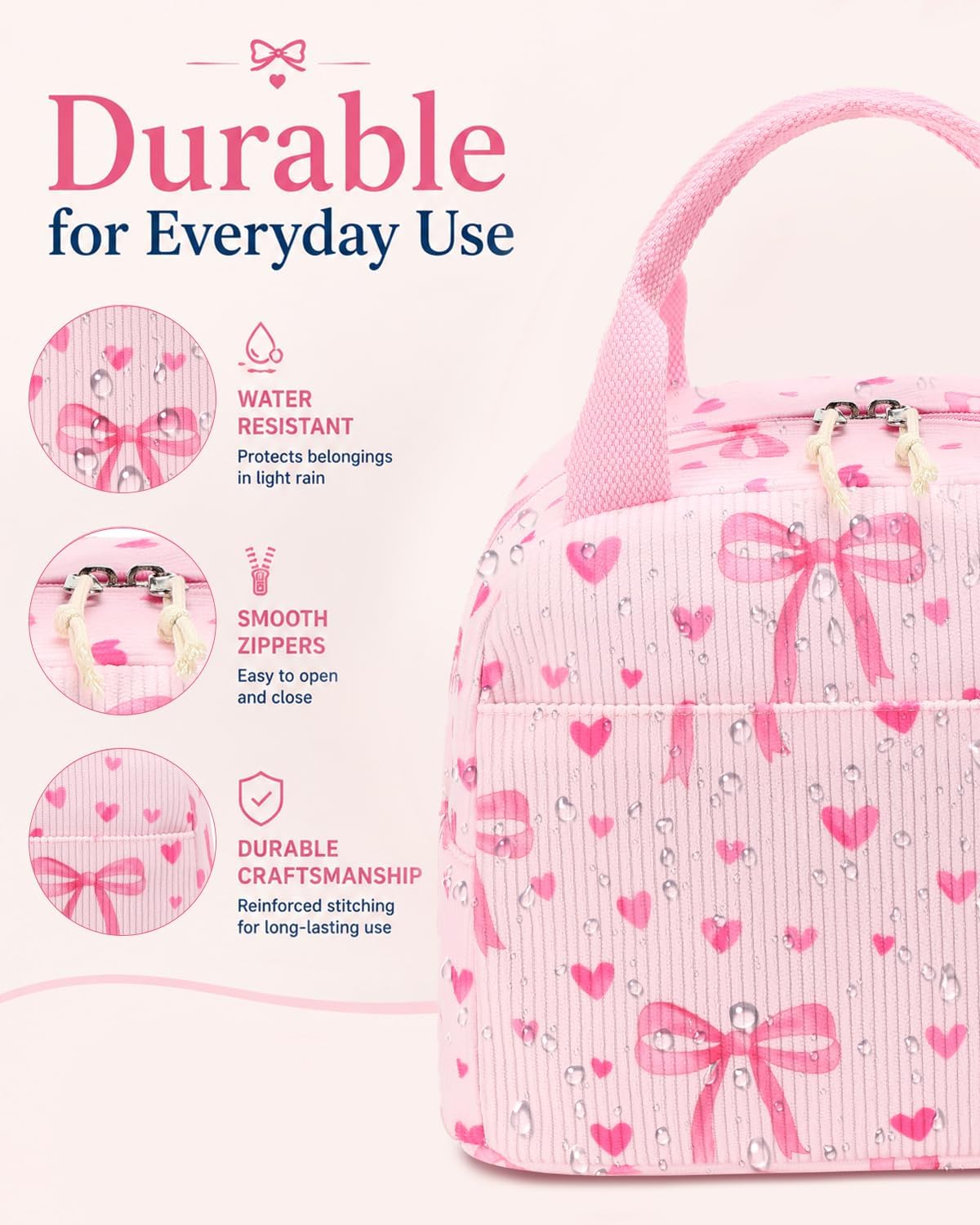 CAMTOP Backpack for School Kids Cute Backpacks for Girls Elementary Lighweight Bookbag with Lunch Box Pencil Case 3 in 1 (Pink Bow Heart)