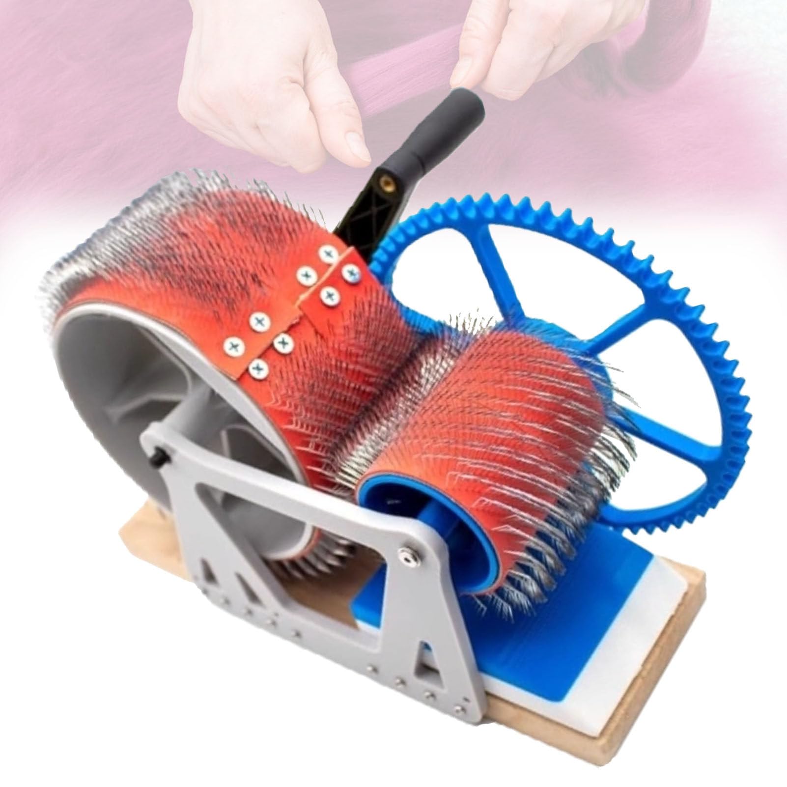 Pfps Fast Color Mixing Drum Carder with Hand Crank, Manual Wool Carding Machine with Wide Wooden Drum, for Fleece, Sheep Wool, Pet Hair Blending, Spinning Whiteblue
