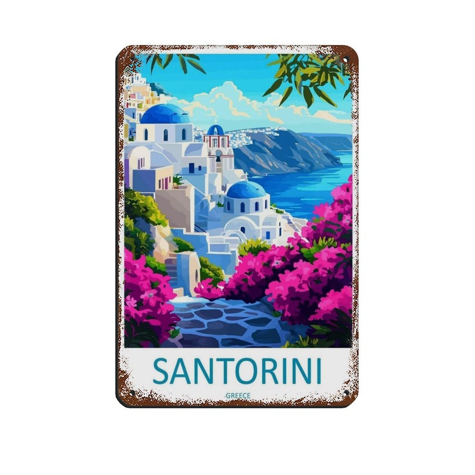 Santorini Travel Santorini Art Greece Island Poster Tin Sign Vintage Metal Pub Club Cafe Bar Home Wall Art Decoration Poster Retro 8x12inch(20x30cm)