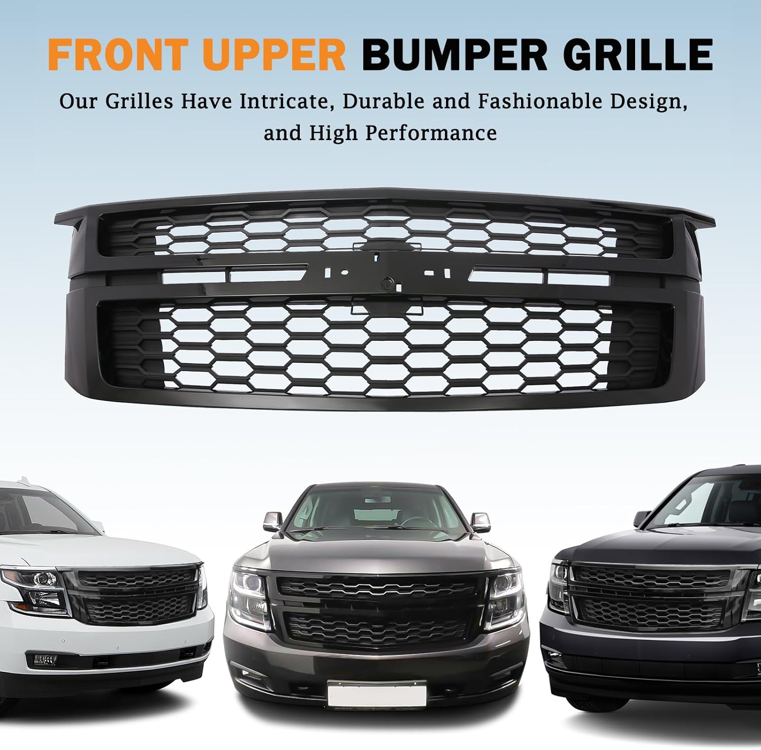 KARPAL Front Upper Bumper Grille Grill Assembly Black Compatible with 2015-2020 Chevy Tahoe/Suburban, Replace 84724083 23320672 23156311