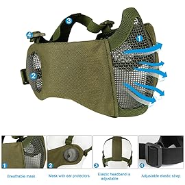 Yzpacc Airsoft Mask with Goggles, Foldable Half Face Airsoft Mesh Mask with Ear Protection for Paintball Shooting Cosplay CS Game