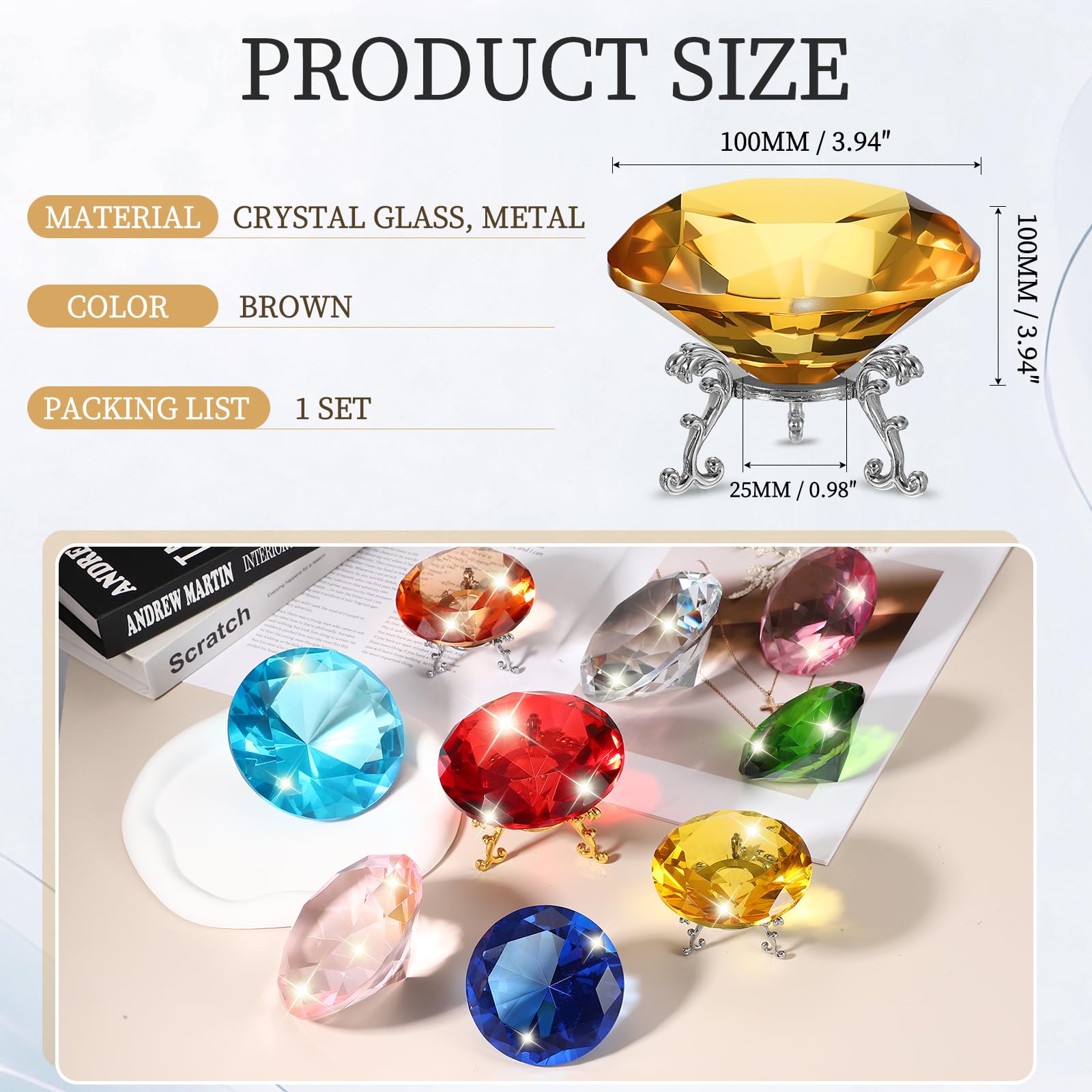 PATIKIL Diamond Crystal Paperweight, 100mm / 3.94" Crystal Paperweight Paper Weight with Silver 25 Metal Base for Home Office Desktop Table Decor Wedding Party Ornaments, Brown - Image 2