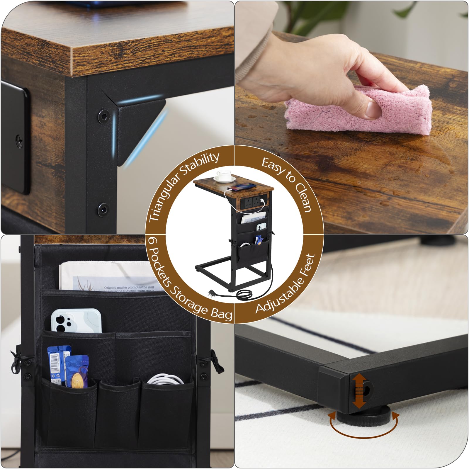 AMHANCIBLE Mesa auxiliar en forma de C, mesita de noche con estación de carga, 2 salidas USB y CA, mesa auxiliar con bolsa de almacenamiento de tela, mesa de sofá para espacios pequeños, mesa de café
