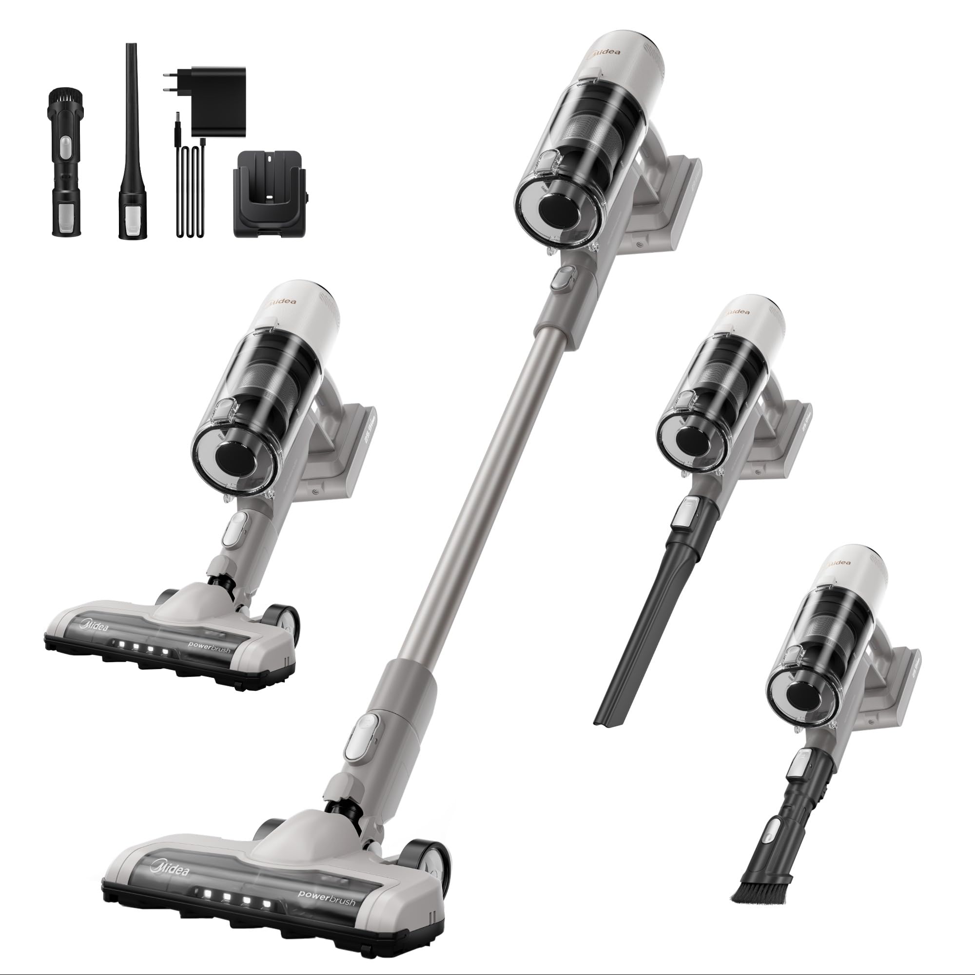 Midea P9 Lite Akku Staubsauger, kabelloser Stielstaubsauger 350 W, bis zu 26 kPa, bis zu 50 Min. Laufzeit, 5-stufiges Filtersystem, LED-Bodendüse, Handstaubsauger, 0,56 L, Weiß/Grau
