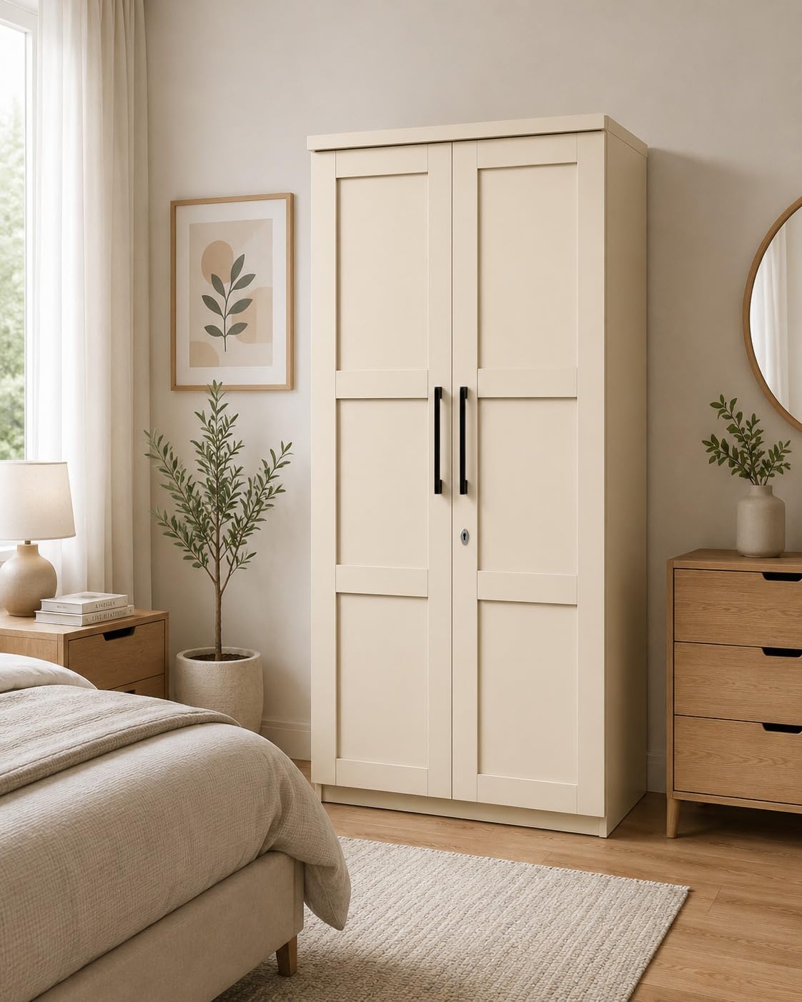2 Door Wardrobe for Bedroom, Rose Beige Cupboard for Clothes Storage, Wooden Almirah for Home with Lockable Drawers & Hanging Rod, Matte Finish Engineered Wood Wardrobe (75x36x19 Inches)-image-38