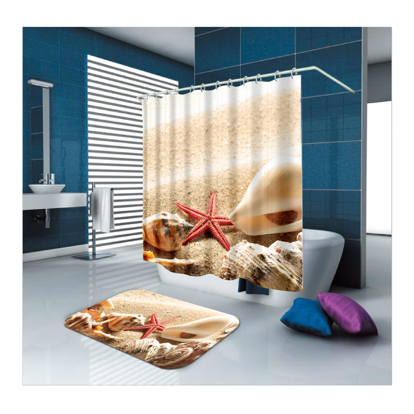 Rideau de douche lavable anti éclaboussures pour petite salle de bain motif étoile de mer