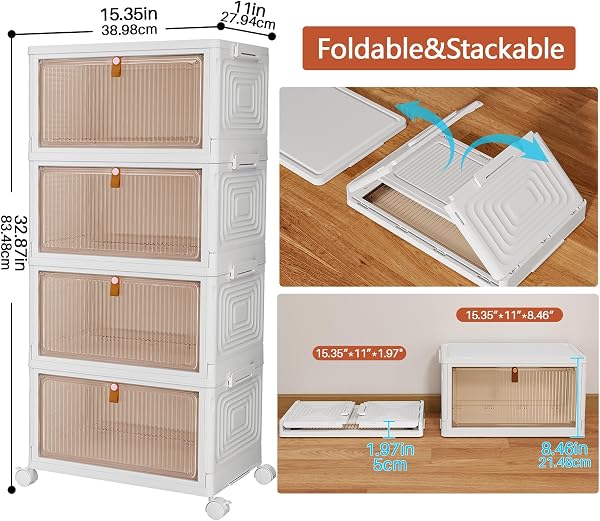 PurKeep Lot de 4 boîtes de rangement avec couvercle – Boîte de rangement en plastique à 4 niveaux avec couvercle, boîtes empilables avec roulettes, tiroirs de rangement avec porte d'entrée, boîte en - 3