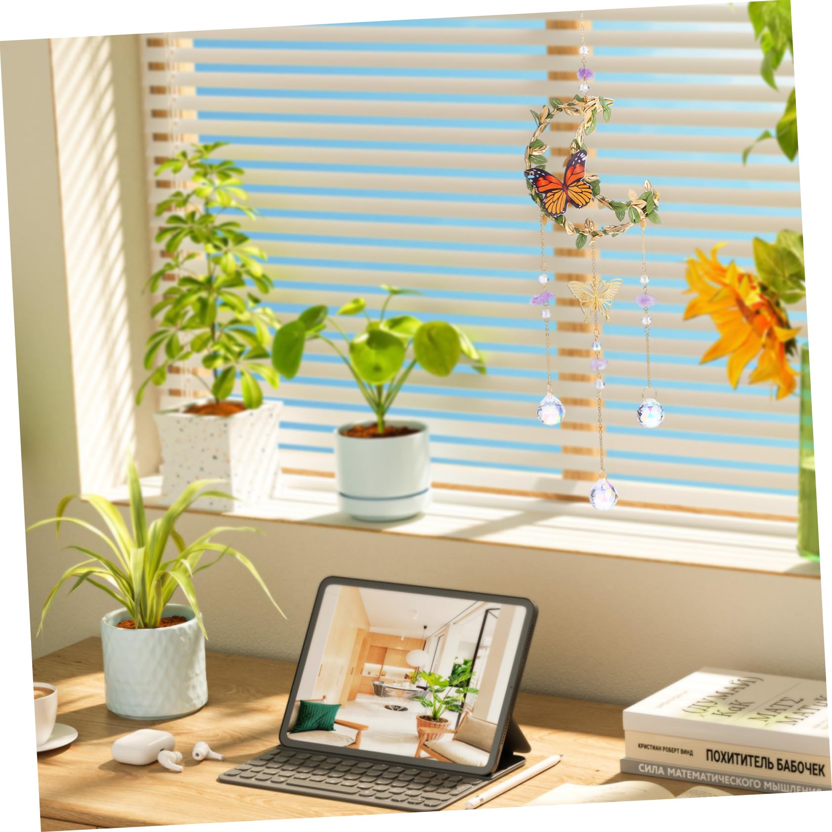 Zerodeko 5stücke Fensterdeko Hängend Kristall Hängedeko Mit Mond Und Blättern Eleganter Für Garten Balkon Und Innenräume Für Festliche Anlässe Und Besondere Dekorationen