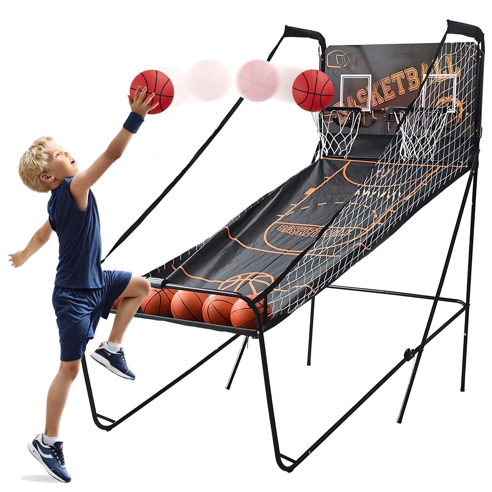 Doppio Gioco Arcade di Basket, Pieghevole Partita a Cerchio di Basket con 8 modalità di Gioco, Macchina da tiro al punteggio elettronico con 5 Palline e tabellone LCD, per Famiglie e Feste