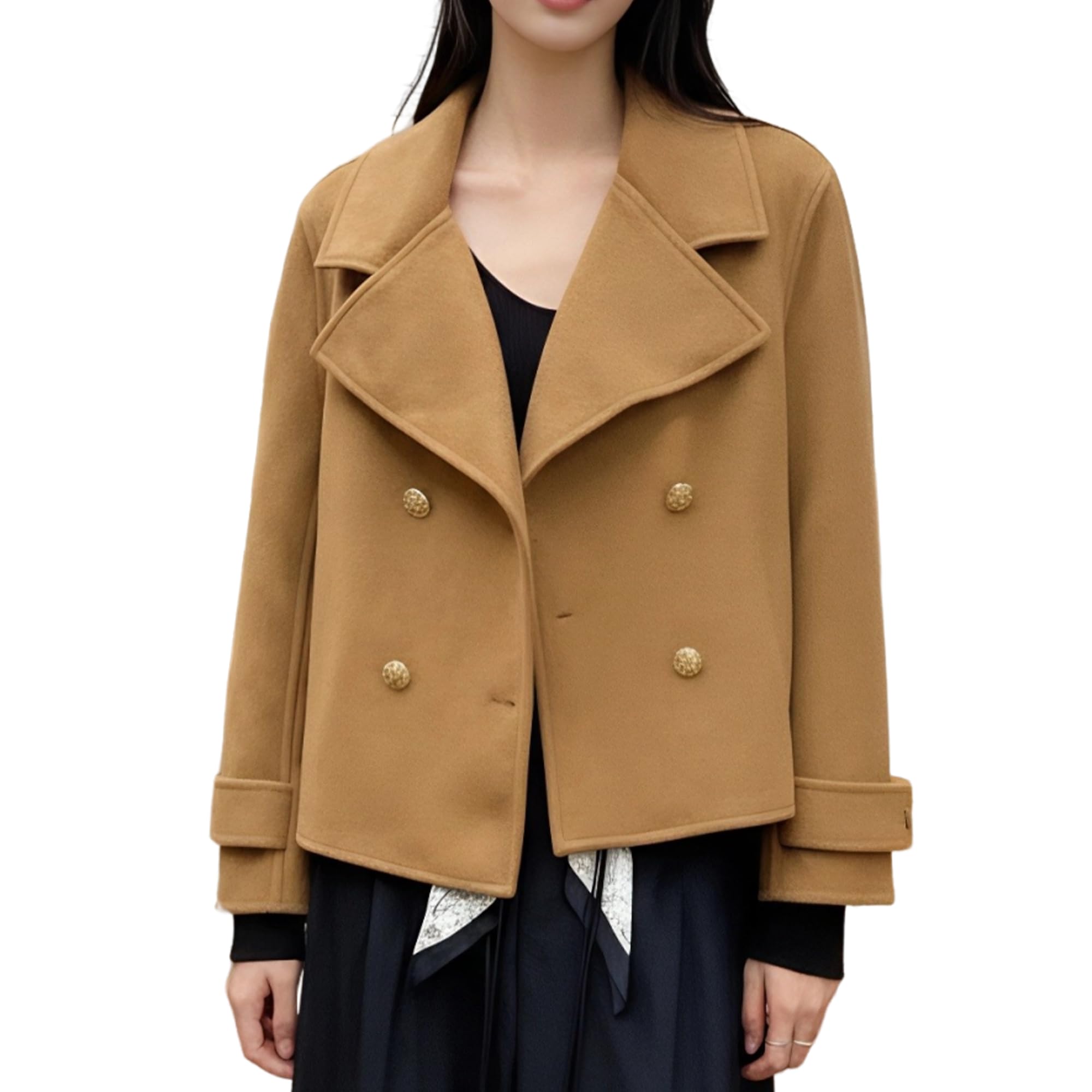 ｉｎｏｔｅｎｋａ inotenka Women's Short Length, Chester Coat, Casual Outerwear, Solid, Slimming, Jacket, Cold Protection, Warm, Neat, Commuting, Spring, Autumn, Winter, Black-picture-50