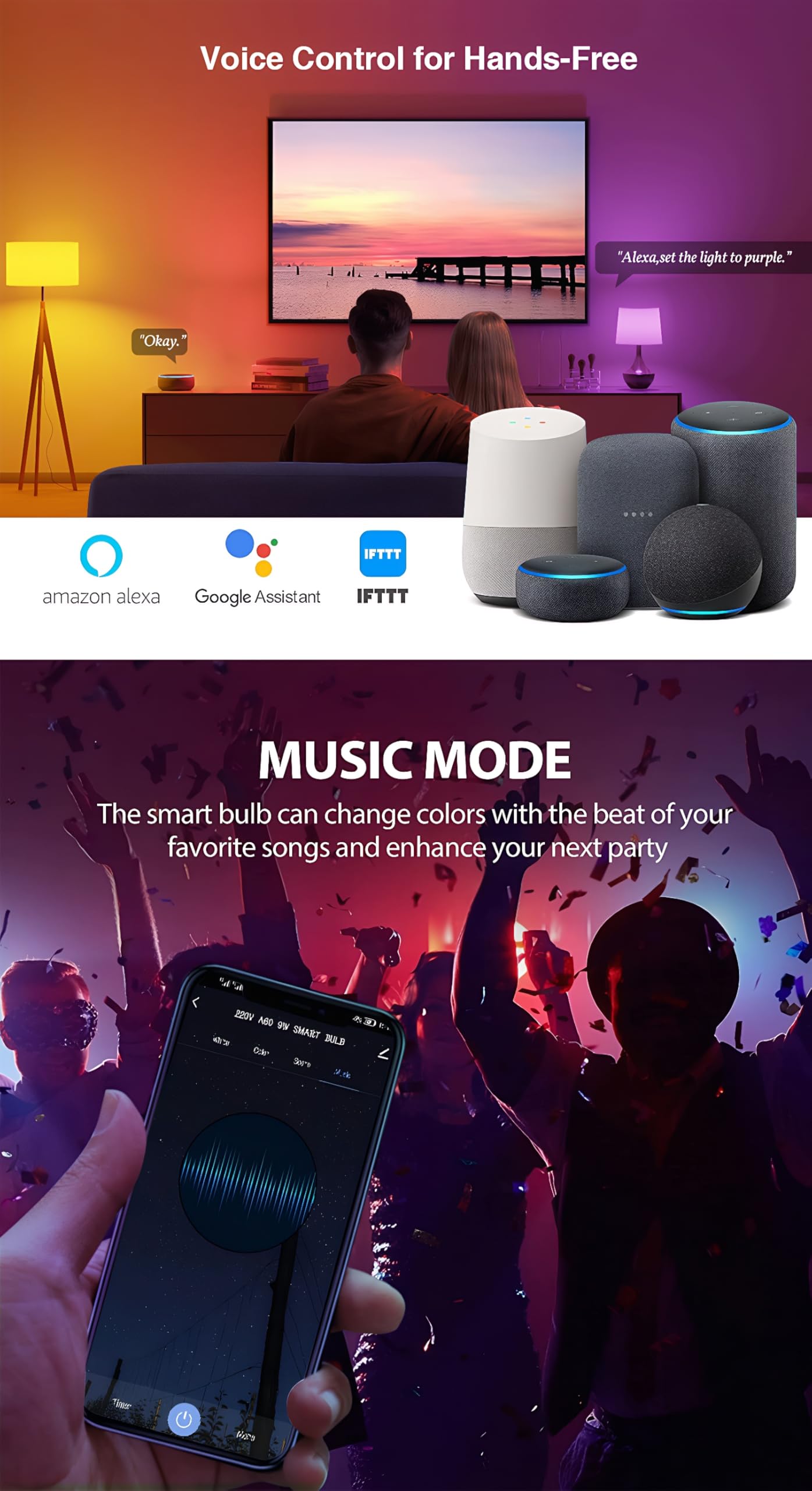 4 pack Bombillas Inteligentes Tuya WiFi Bombilla LED Cambio Color Control por voz con Sincronización Musical Compatible con Alexa y Google Assistant E27