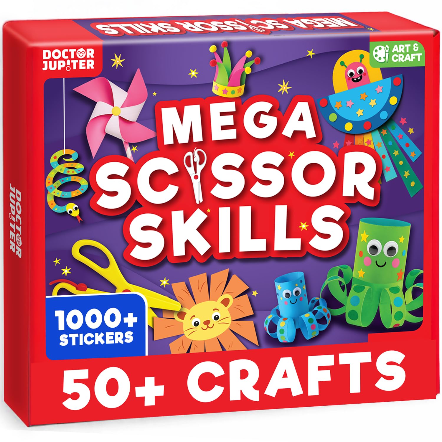 Doctor Jupiter Mega Scissor Skills Craft Kit for Kids| Birthday Gift for 3-4-5-6 Year Old Boys & Girls| Fine Motor Skills Toys| 50+ Craft Activities with One Child-Safe Scissors & 1000+ Stickers