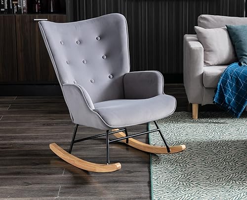 EALSON Silla mecedora tapizada de terciopelo gris para habitación del bebé silla mecedora tapizada con respaldo de alas con base de madera moderna y
