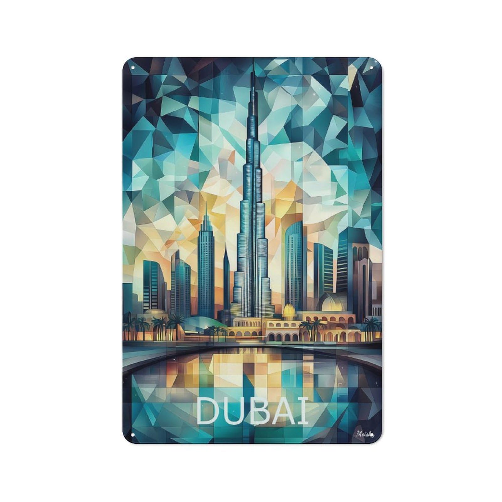 Junmoney Dubai Skyline Art 30X20cm Rustic Metal Wall Sign With For Café Or Home Bar, A Housewarming Gift For Café-Style Decor Fans