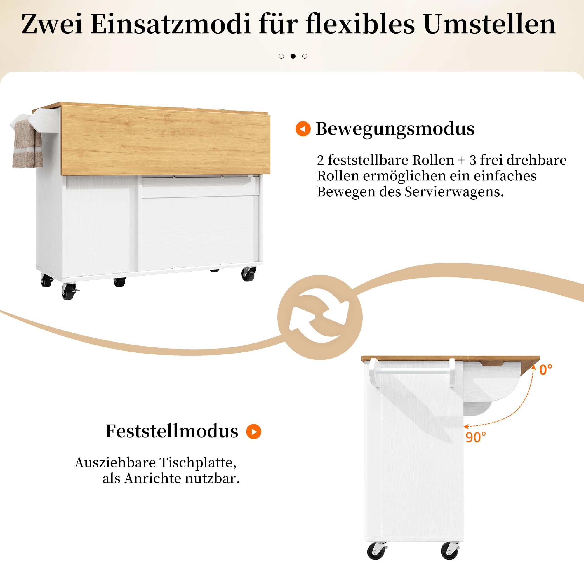 Wyspa kuchenna z kółkami i 3 drzwiami, wysuwany wózek kuchenny, wózek do serwowania o wyglądzie drewna z wieszakiem na ręczniki, regałem na przyprawy i regulowanymi półkami, kolor biały, 130