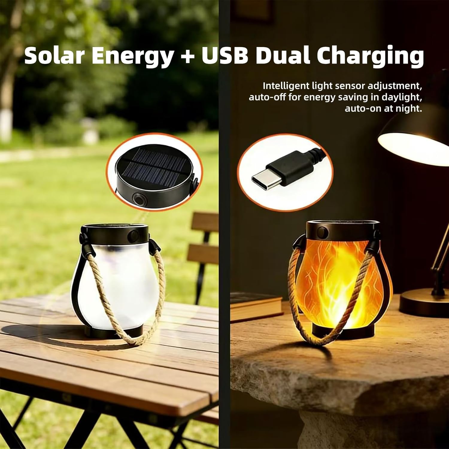 1 Pack Solar Flame Lanterns, Outdoor Flickering Hanging Lights IP65 Waterproof, 2 Modes, Dual USB/Solar, Auto On/Off for Garden Yard Patio Porch Halloween Christmas Decor - Image 4