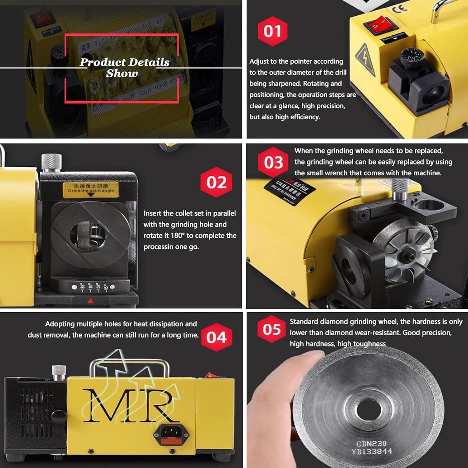 Portable Drill Bit Grinder End Mill Re-sharpener 3-13mm, Drill Bit Sharpener, 90° to 135° Point Angle Adjustable Drill Bit Re-sharpener with 11 Gathering Angles Adjustable High Precision