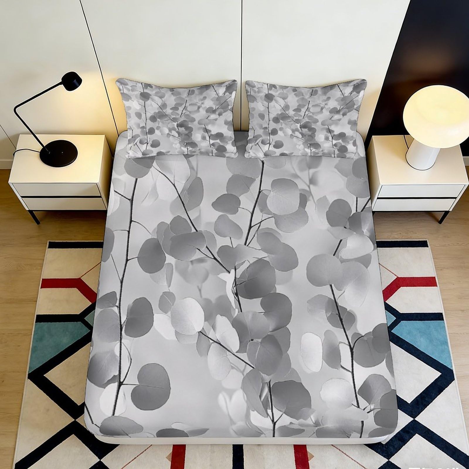 Jqzkxnhpbr Style-4 3D Printed Grey Leaf Fitted Sheet Microfiber Soft Bedroom Decor Abstract Pattern Mattress Cover 90X200x25cm