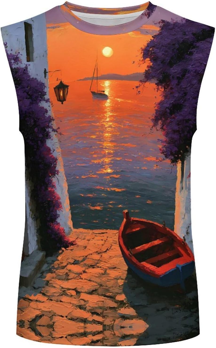 Mediterranean Bougainvillea Sunset Men Summer Sleeveless Crew Neck Top 5XL