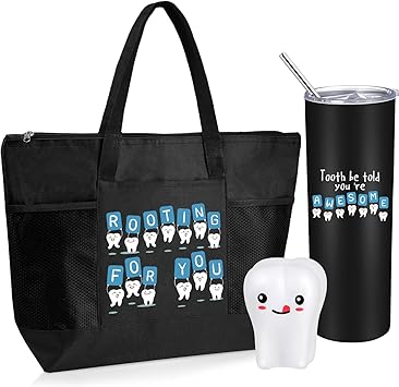 Nuogo 3 Pcs Positive Dental Hygienist Gifts Dental Assistant Gift for Women Men Inspirational 20oz Tumbler Tote Bag Tooth Stress Toy for Christmas Dentist Must Haves Appreciation(Black)