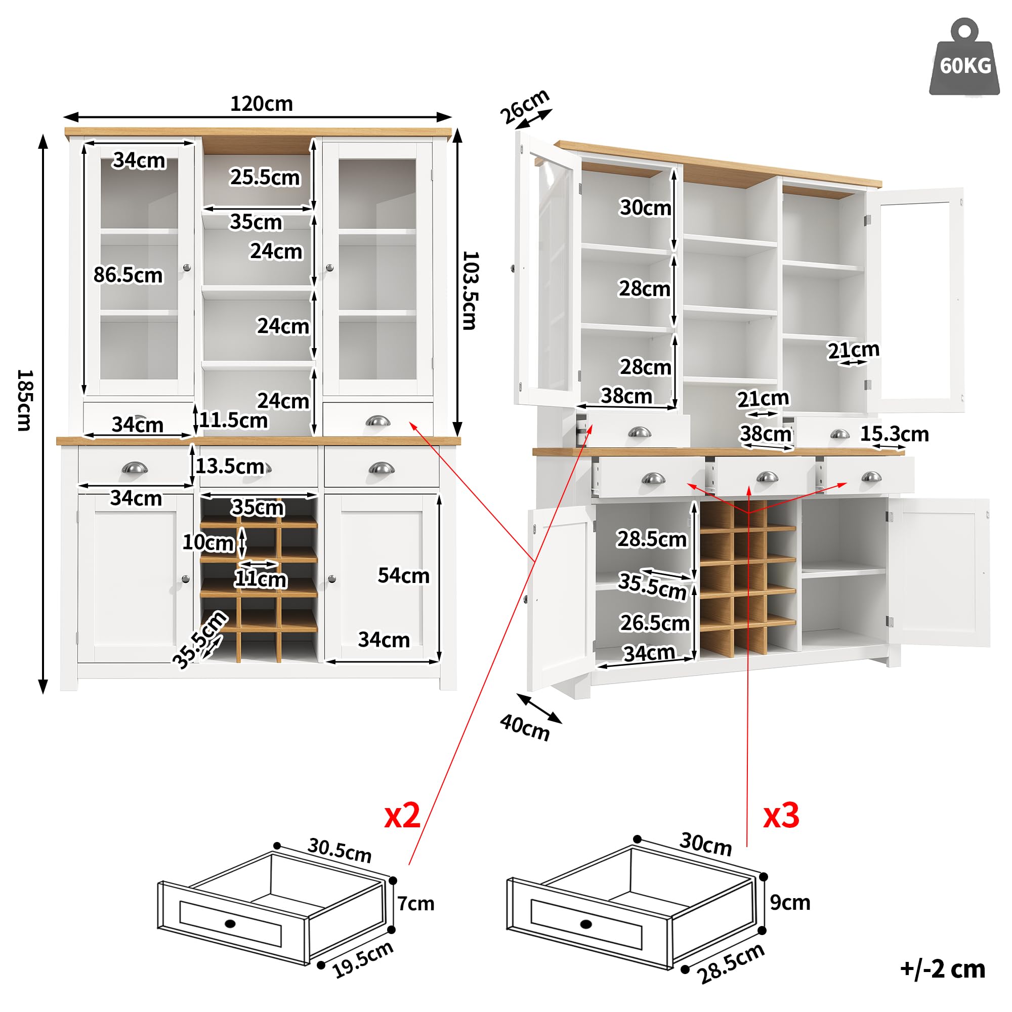 SUKY Armario alto multiusos para el hogar con protección antivuelco, armario de pie para cocina y salón con puerta de cristal, asas de metal y función de cierre suave, estante para vino extraíble, 120
