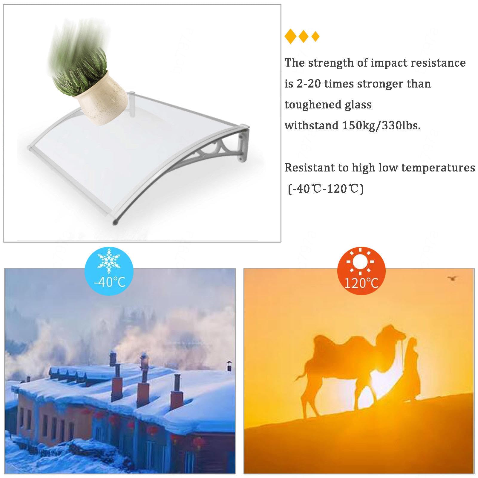 Wasserdichtes Einstiegstürvordach, 78,7 x 350,5 cm, Polycarbonat mit weißer Aluminiumstütze, Außenmarkise für Türen und Fenster, Regen- und Sonnenschutz