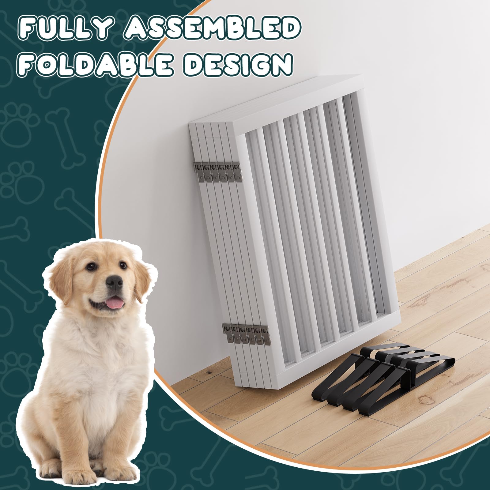 Semiocthome Puertas de madera para perros para la casa extra anchas, puertas independientes de 6 paneles para mascotas con 4 soportes de metal para puertas y escaleras, vallas plegables para perros de