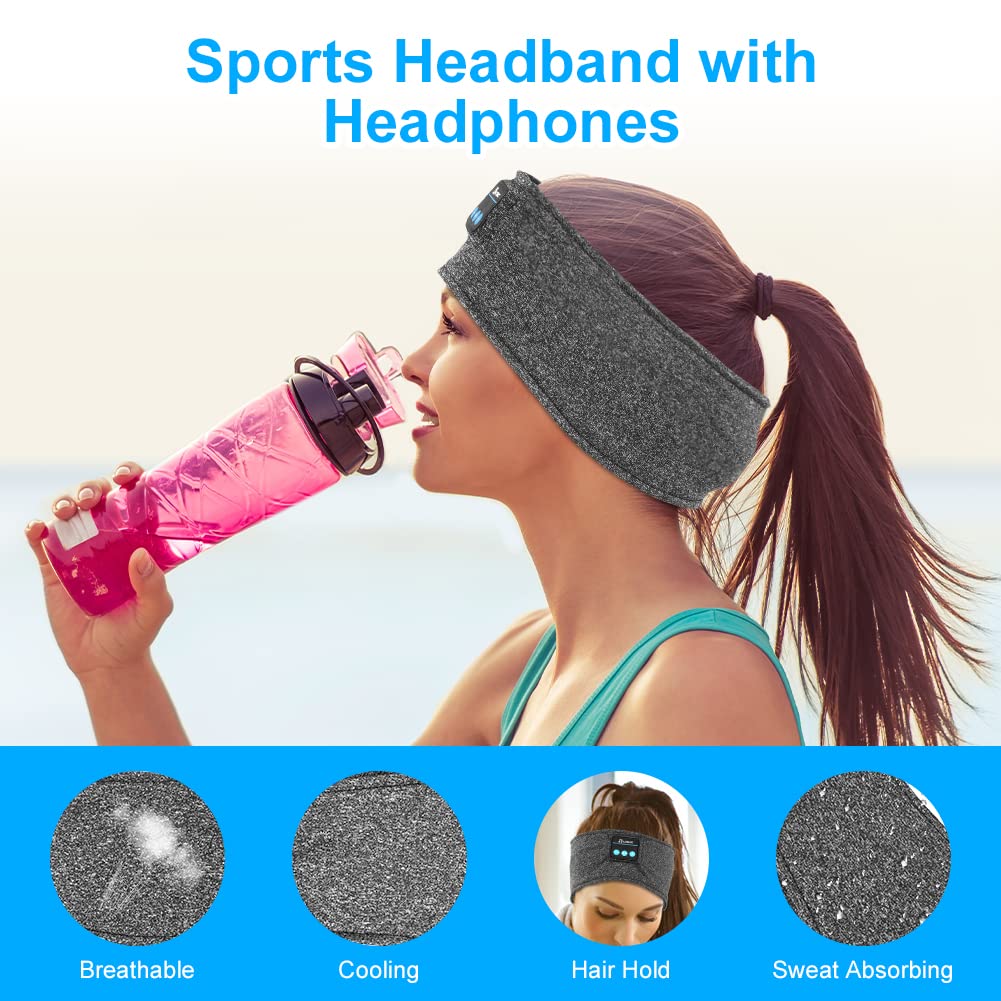 Słuchawki do spania, bezprzewodowe słuchawki sportowe, opaska na głowę Bluetooth, słuchawki do spania z ultracienkimi głośnikami stereo HD, odpowiednie do uprawiania sportu / snu na boku, jogi, fitnessu, relaksu, idealne prezenty (szare)