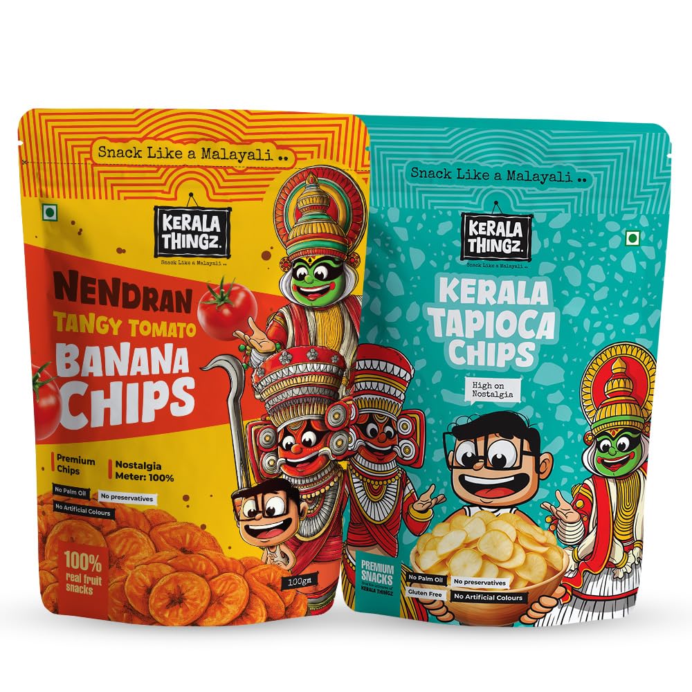 Kerala Thingz Tangy Tomato Banana Chips (100g) + Tapioca Chips (80g) | Combo 180g | Traditional Kerala Snack | Premium, Crunchy & Healthy | No Palm Oil, No Preservatives, Gluten Free, No Added Sugar, No Artificial Colours