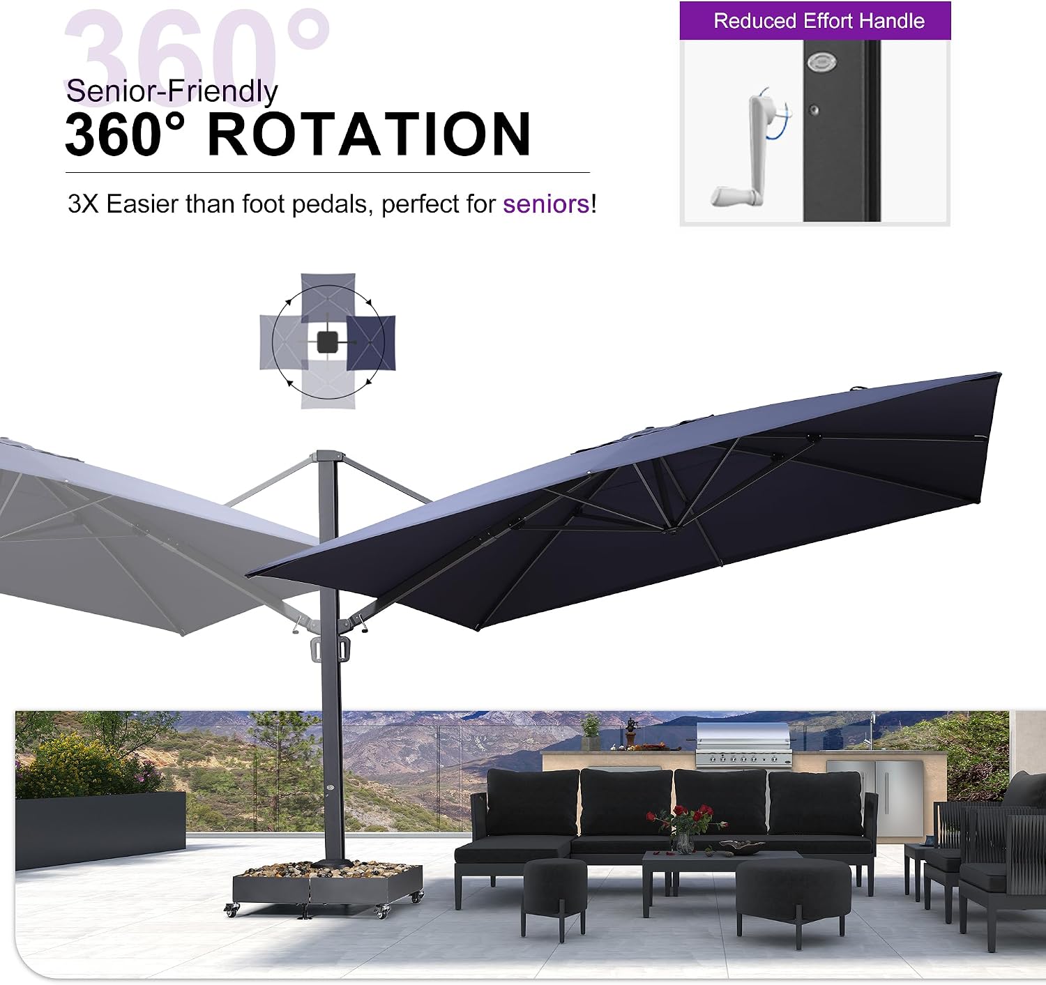 PURPLE LEAF 13 FT Square Patio Umbrella Large Outdoor Aluminum Offset Umbrella with 360-degree Rotation Cantilever Umbrella for Garden Deck Backyard Pool Navy Blue