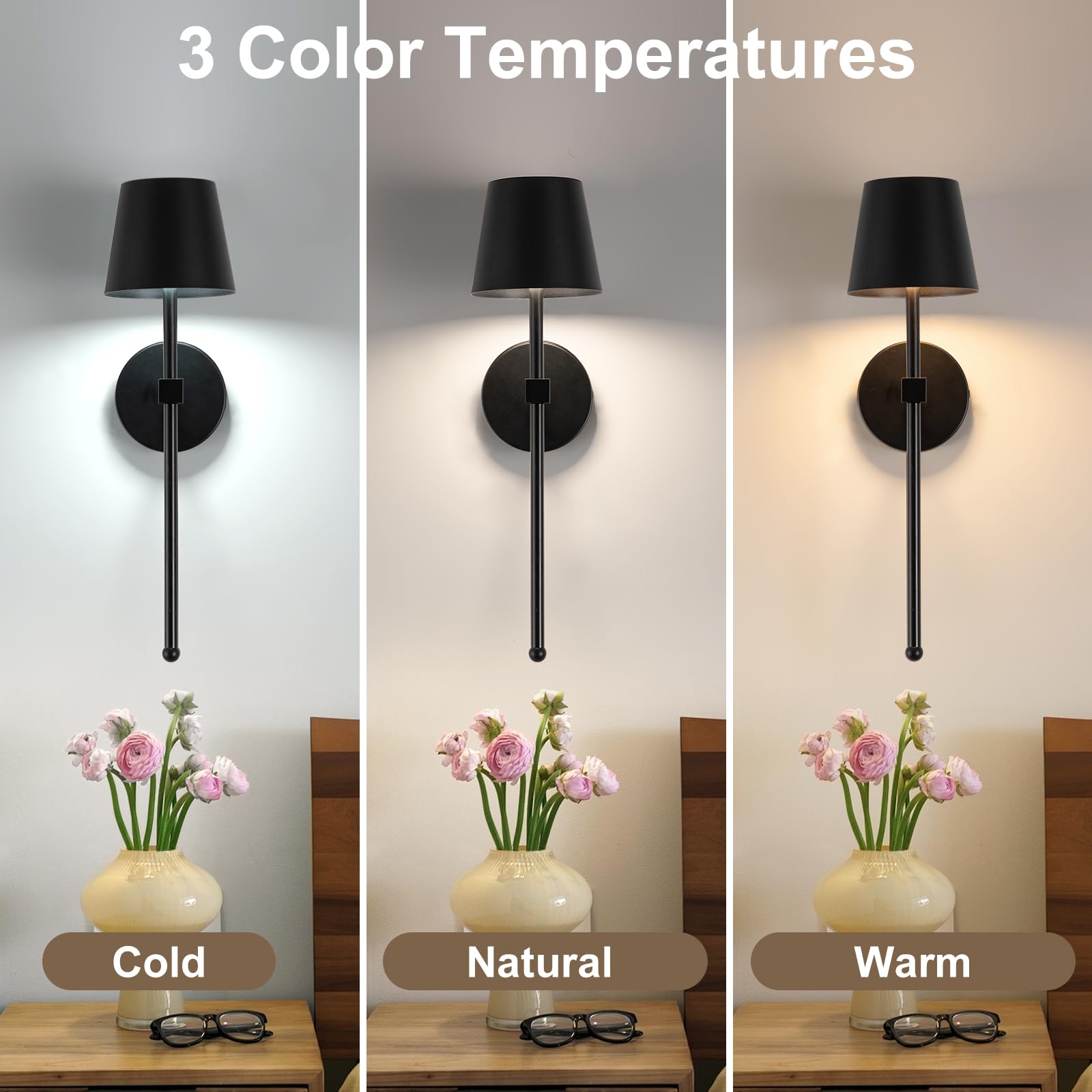 Luces de pared que funcionan con pilas, luces de pared recargables negras de 10000 mAh, paquete de 2 apliques de pared inalámbricos de metal vintage para sala de estar, dormitorios, garaje