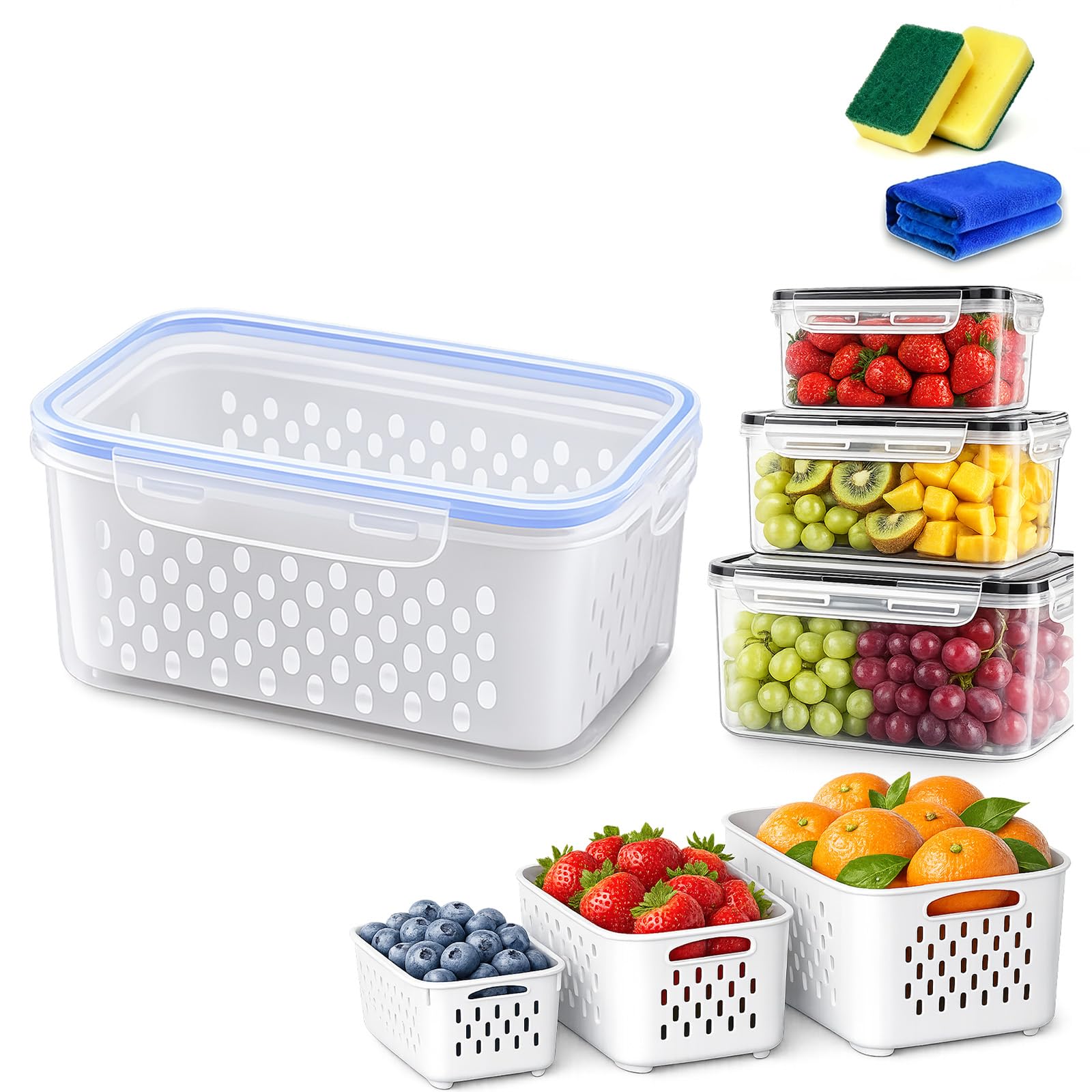 Liocwocne Food Storage Containers for Fridge with Removable Colander & Airtight Lids (Blue,L)
