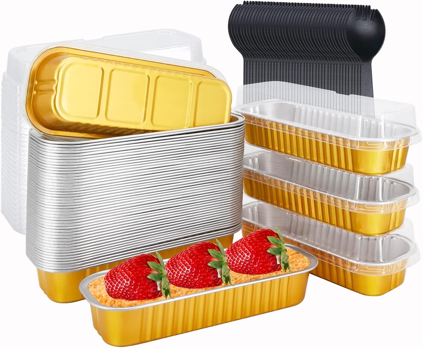 LNYZQUS Disposable Foil Mini Pans with Lids 50 Pack, 6.8oz 6.5"x2.5"x1.2" Aluminum Small Loaf Pans,Rectangle Muffin Pan Mini Cake Tins Containers for Bread Loaf -Gold
