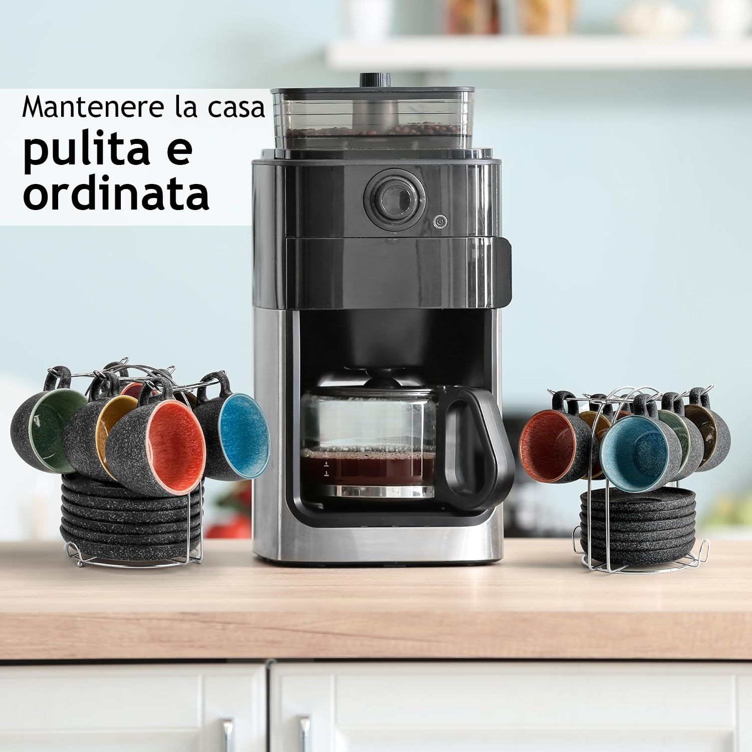 MIAMIO - Tazze da espresso impilabili in ceramica da 80 ml con piattini e supporto in metallo, set di 6 tazze da espresso, tazze demitasse, tazze da caffè per espresso - Collezione Las Palmitas