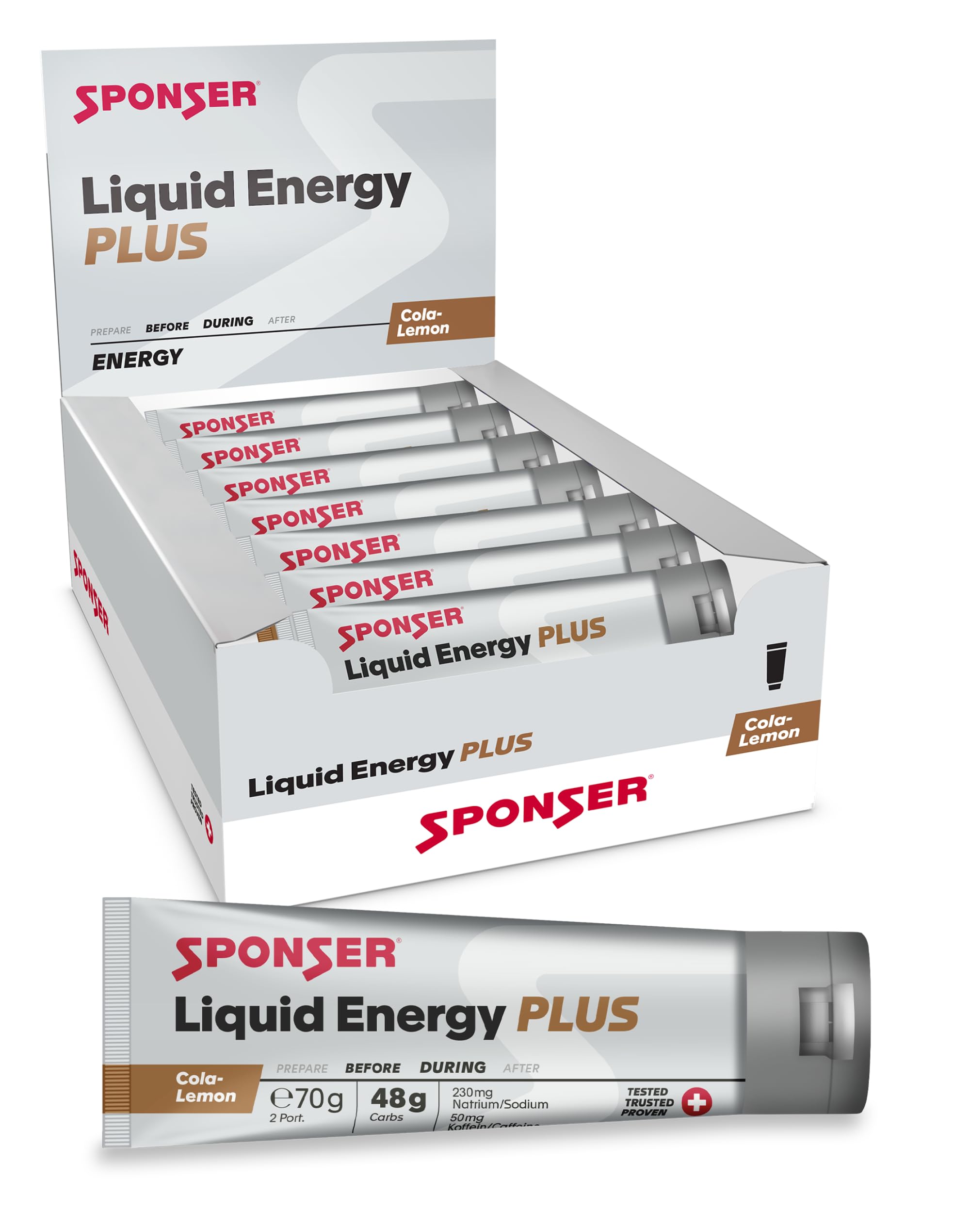 SPONSER Liquid Energy Plus - Kohlenhydrat-Gel mit Koffein - Cola-Lemon | High Carb Energiegel für Ausdauer, Laufen, Radsport - Vegan, Glutenfrei, Laktosefrei - 70 g Tube