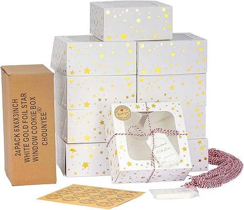 Paquete de 24 cajas de galletas de Navidad de 6 x 6 x 3 pulgadas para regalo, cajas de panadería blancas de papel de aluminio dorado con ventana de