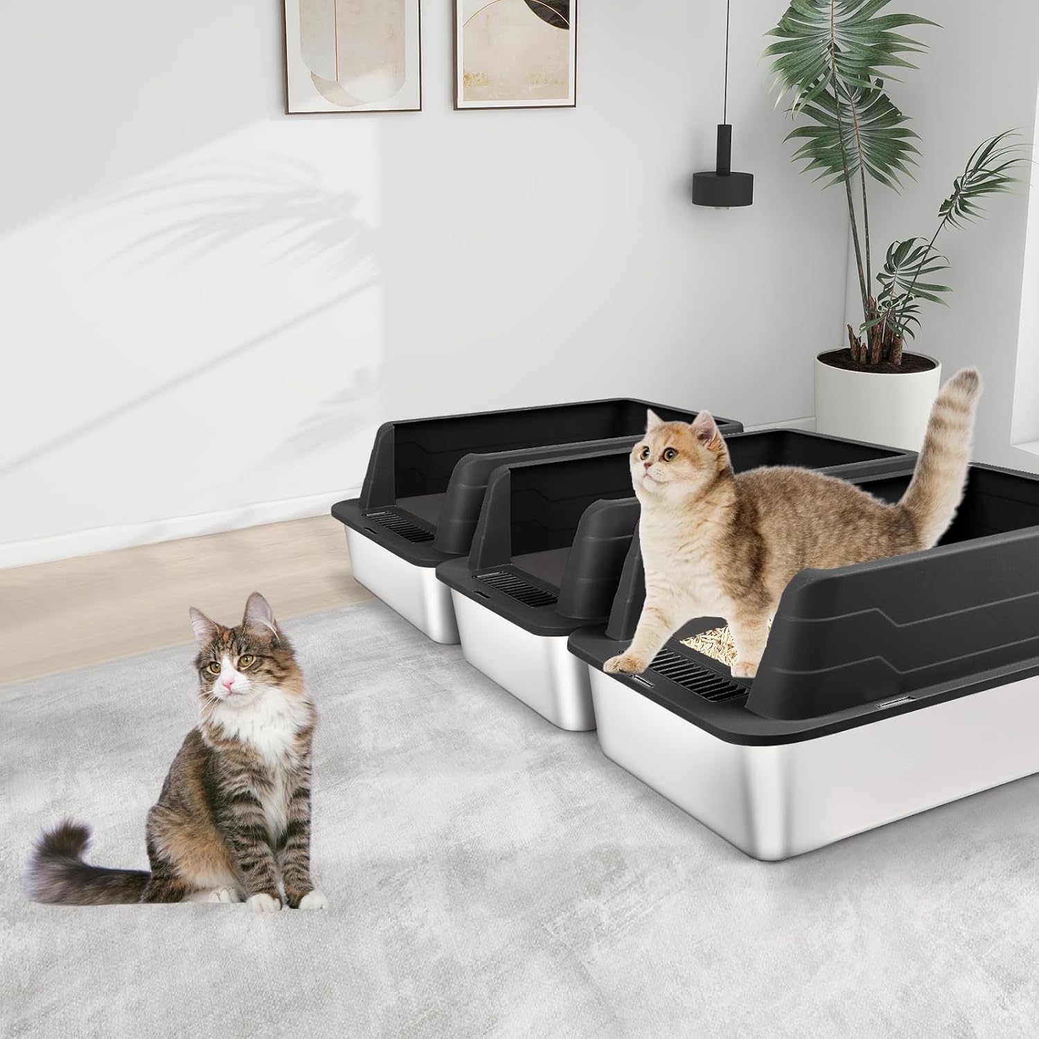 3 Pack Stainless Steel Litter Box, XL 22.9” x 15” x 10.3” High Sided Metal Cat Litter Tray with Scoop, Cat Litter Box for Anti-Splash, Non-Sticky, Easy to Clean (Black)