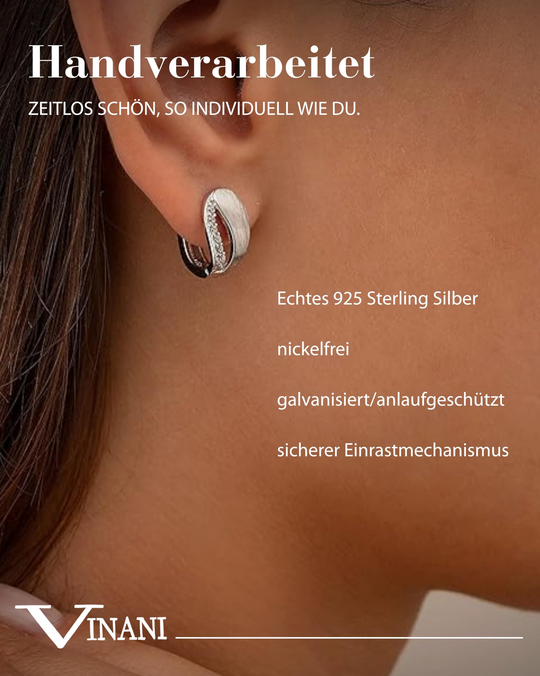 Vinani Damen Ohrringe 925 Silber - Klapp-Creolen mattiert Zirkonia weiß - 925 Sterling Silber für Frauen - 2CZR