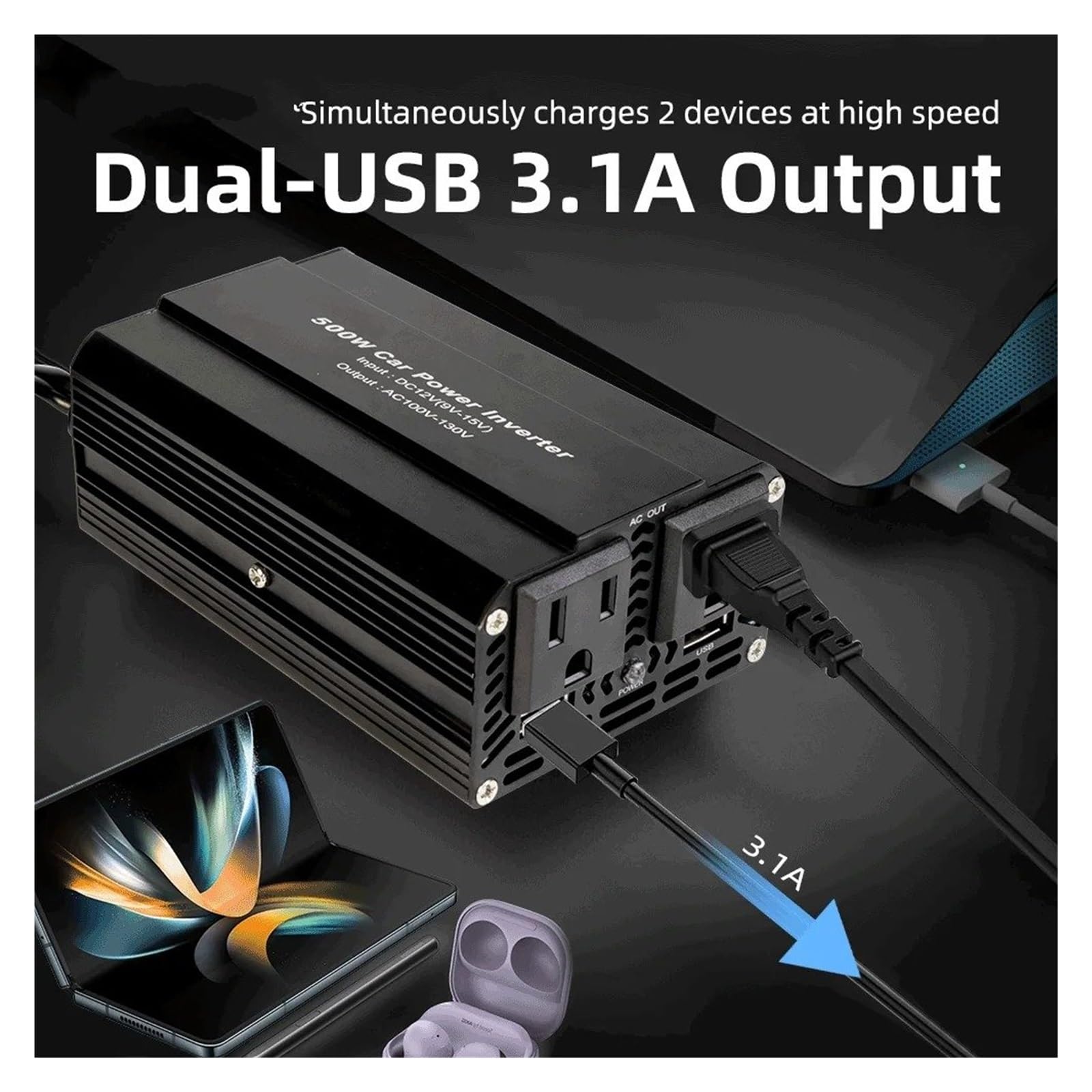 Inversor De Corriente para Coche 300 W 500 W 1500 W 2000 W 2600 W 4000 W 60 Hz CC A CA para Cargar Teléfonos Portátiles Portátil(500W Black)