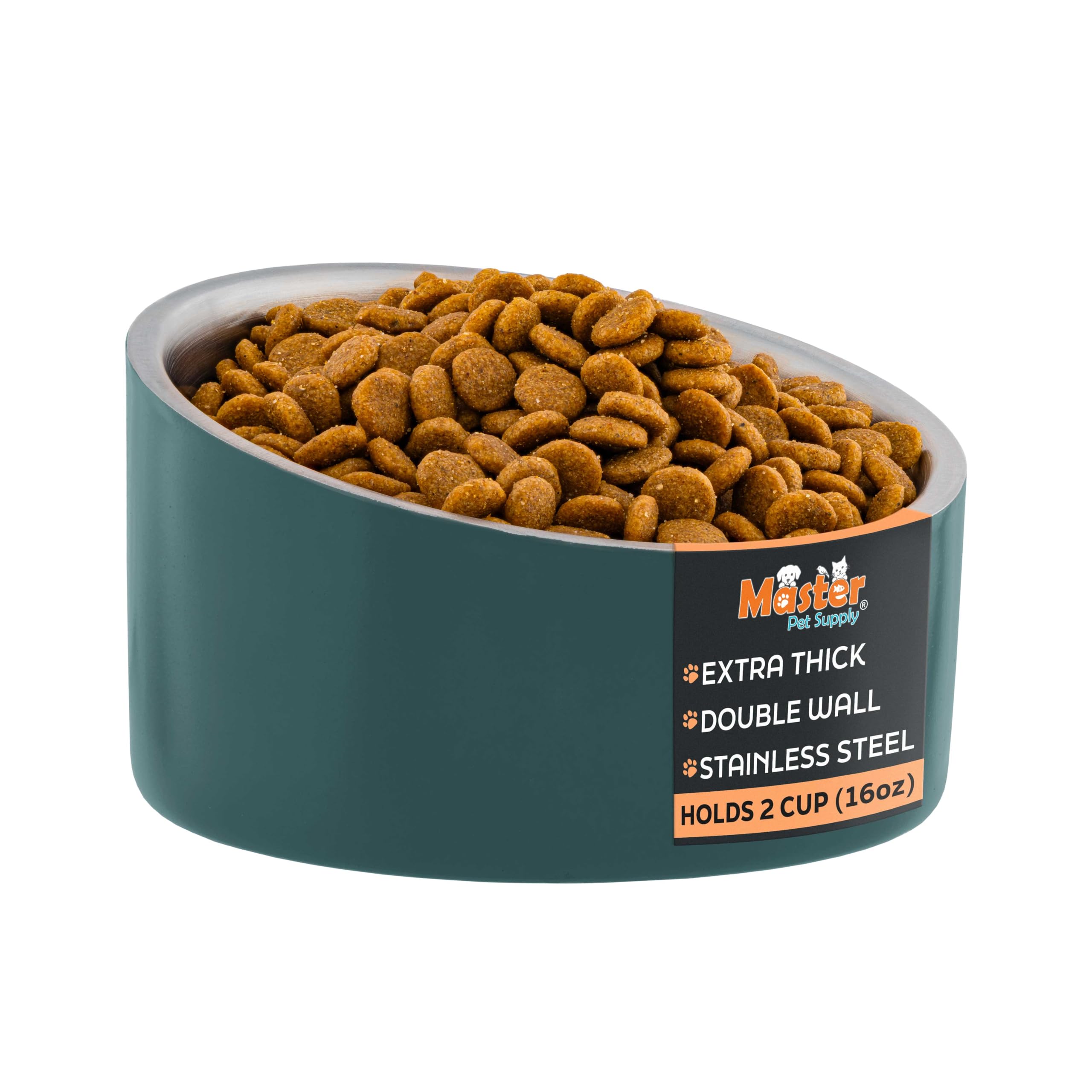 Master Pet Supply Stainless Steel Slanted Dog Cat Food Bowl - 16 oz Heavy Duty - Emerald Sea, Double Wall Insulated, Non-Slip Elevated Bowl for French Bulldogs Pugs Cats, Anti Rust Dishwasher Safe