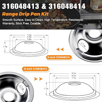 316048413 316048414 Electric Stove Burner Drip Pans by Blutoget - Fit for Frigidaire Ken-more Electric Range Top with Locking Slots- Includes 2 6-Inch and 2 8-Inch Pans,Silver(Chrome Plated Steel)