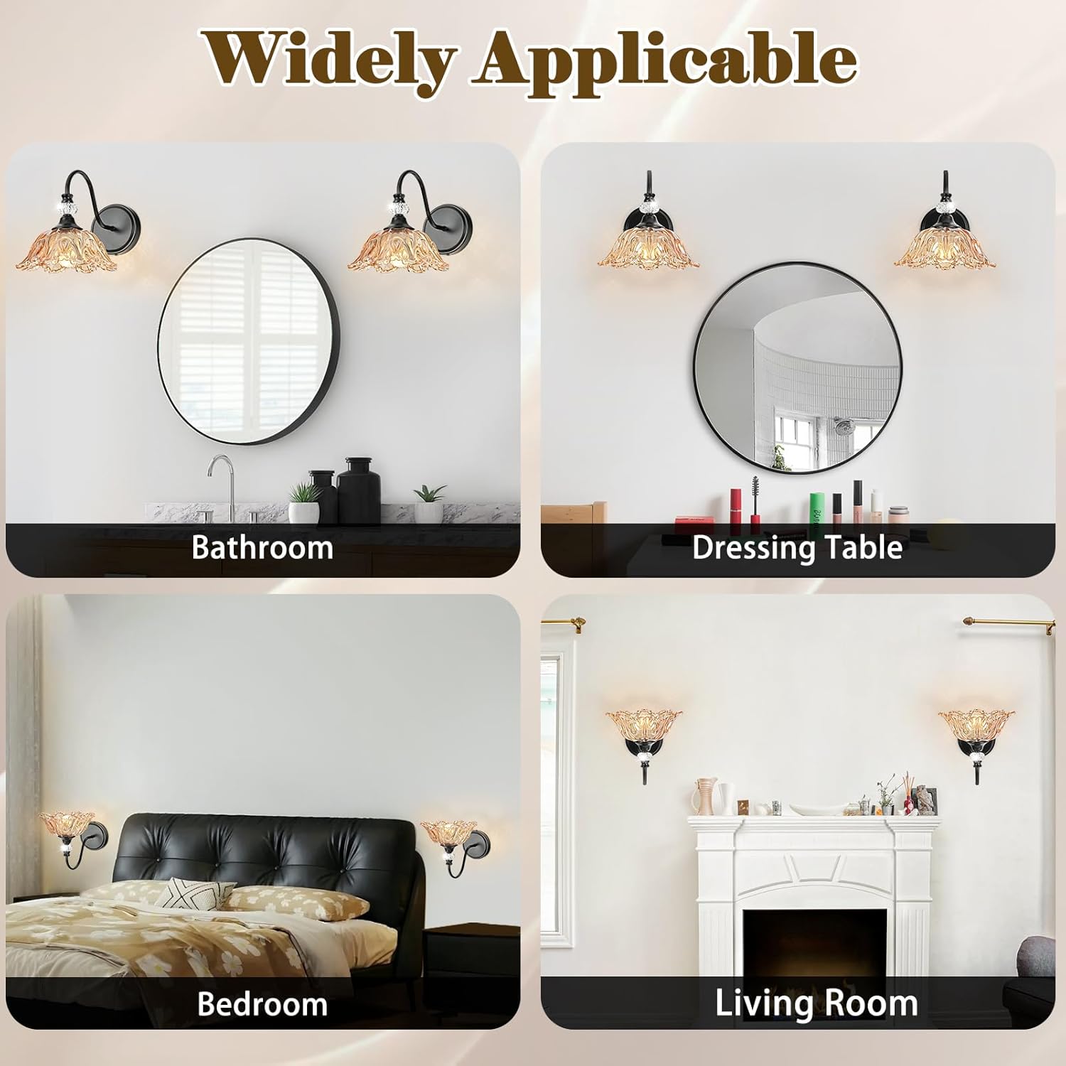 Black Wall Sconces with Floral Amber Glass Shades, Black Farmhouse Wall Mount Lighting for Bathroom,Vintage Bathroom Vanity Light Fixtures