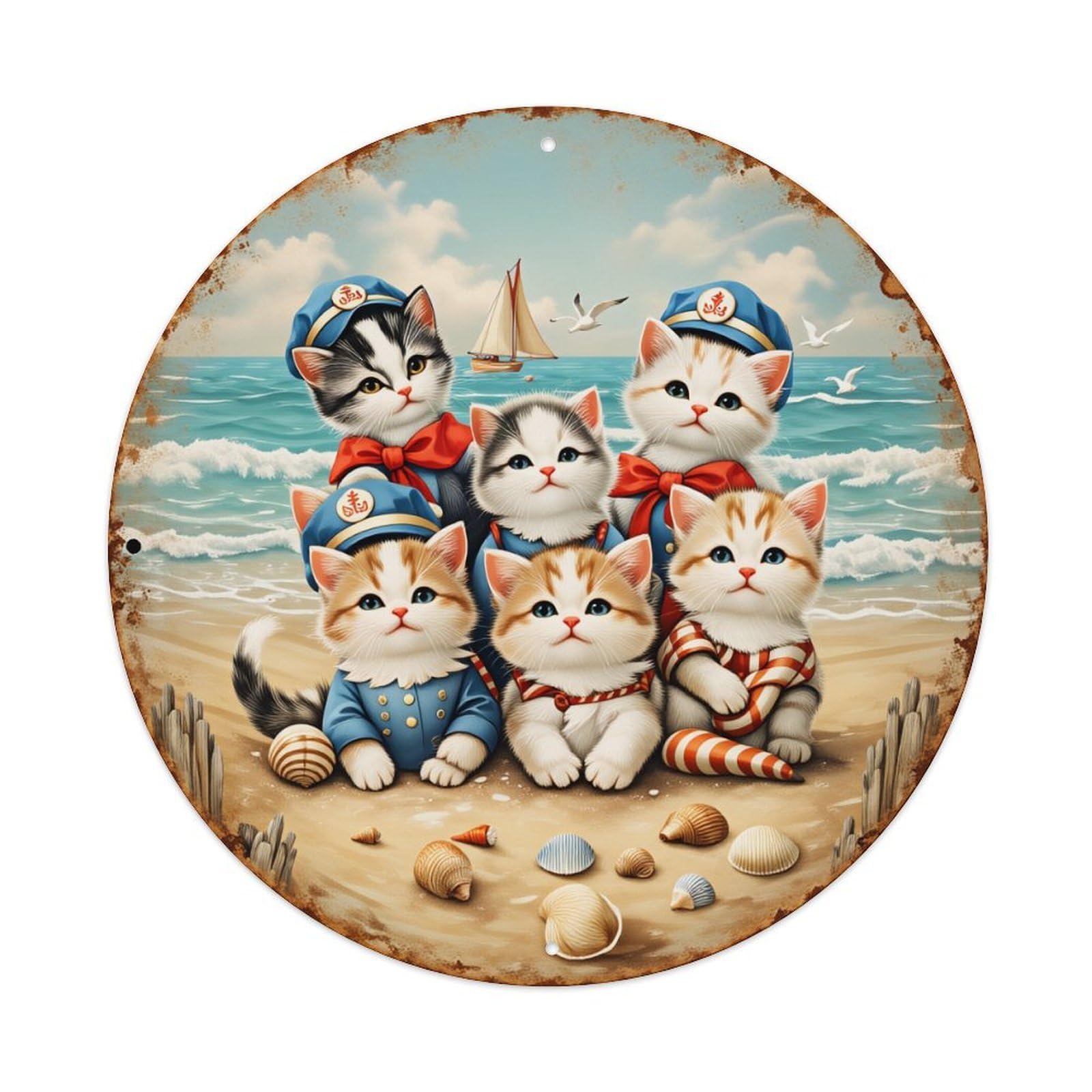 Cute Cats Sailor Beach Scene Round Tin Sign Vintage Style Metal Sign Home Bar Garden Wall Plaque Decor Metal Poster 8x8 Inch