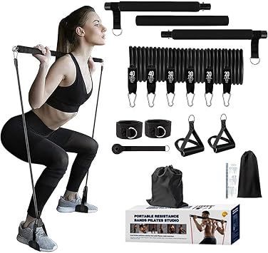 Pilates Bar Kit with 180 lb Resistance Bands Portable Toning Bar Yoga Pilates Equipment Exercise Stick Workout Stainless Steel Stick Squat Yoga Pilates Flex Band Kit for Full Body Shaping
