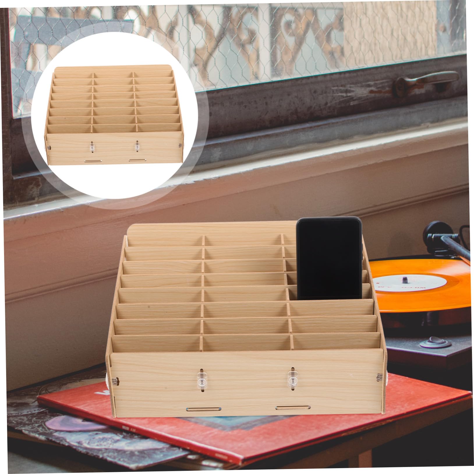 Veemoon Caja de Almacenamiento de Madera Natural para Escritorio con Compartimentos Múltiples Organizador de Suministros y Gestión para Teléfonos Móviles y Objetos Pequeños Hogar y