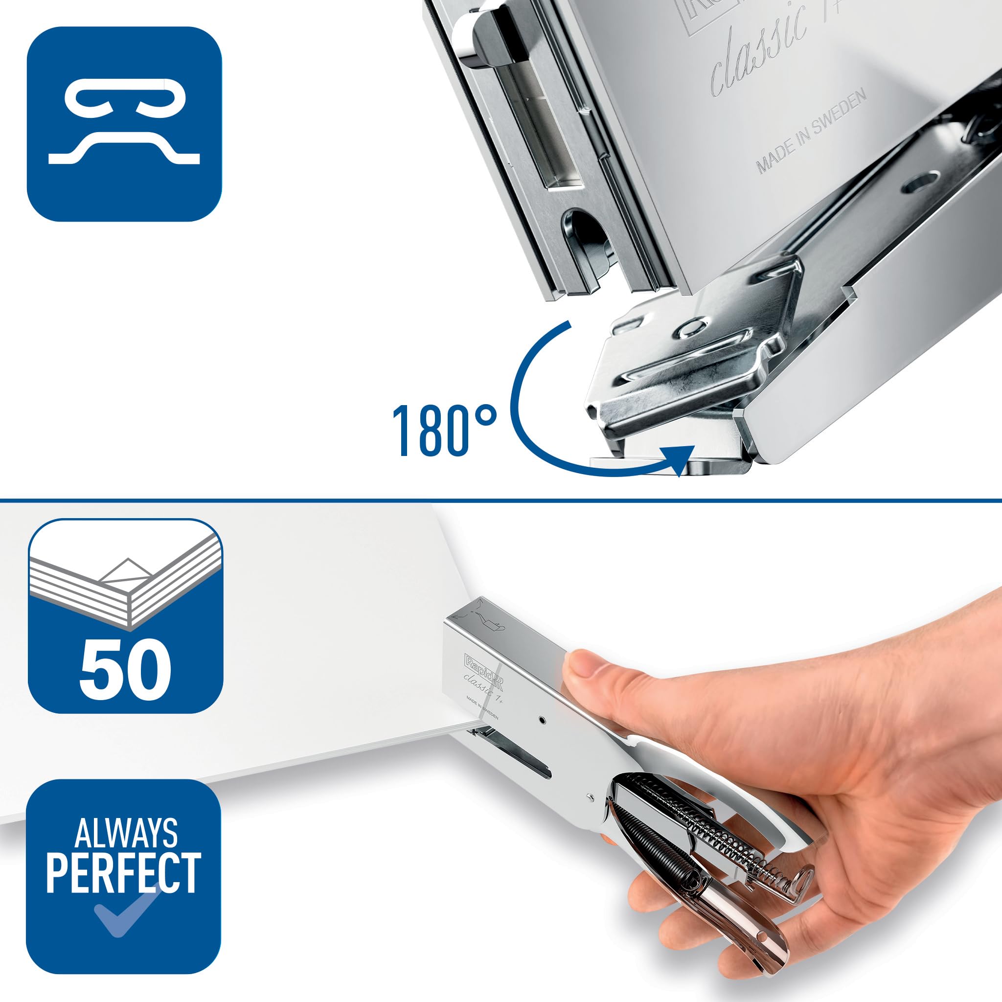 Rapid Classic K1+ Platinum Pince Agrafeuse pour Agrafes n°24 – Compatible Agrafes 24/6 et 24/8+, Enclume réglable et chargement arrière, Approuvée par ClimatePartner – Bureau, Bricolage (Argent)