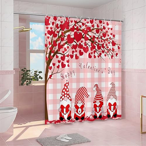 Miniatura 2 de Cortina de ducha de gnomos de San Valentín, diseño de búfalo rosa, diseño de árbol de corazón rojo, lindo gnomo, cortina de baño, decoración del