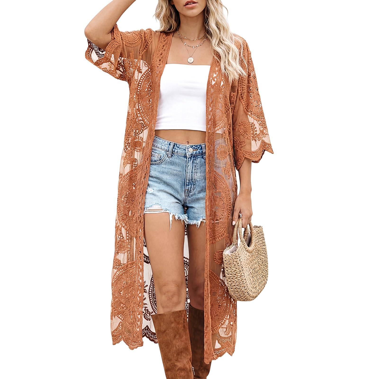 Kimonos for Women Lace Cardigan Swimsuit Cover up Summer Kimono Cardigan Open Front Sheer Long Boho Coverup-image-0